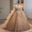 Scintillantes Charmant Champagne Perlage Perle Paillettes Faux Diamant Volants en Cascade Anniversaire Robe Ceremonie Fille 2023 Robe Boule Encolure Dégagée Manches Courtes Dos Nu Longue