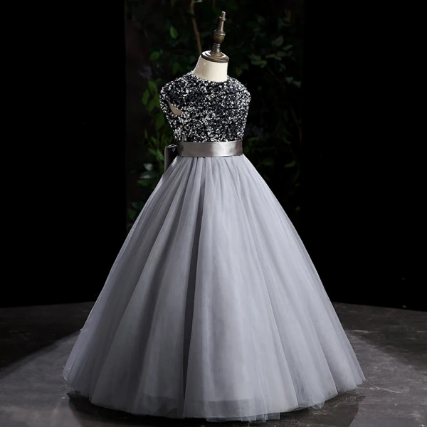 Chic / Beautiful Grey Sequins Prom Flower Girl Dresses 2022 Ball Gown Scoop Neck Sleeveless Sash Bow Floor-Length / Long Flower Girl Dresses