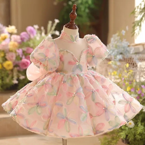 Chic / Beautiful Blushing Pink Beading Pearl Sequins Birthday Flower Girl Dresses 2025 Ball Gown High Neck Puffy Short Sleeve Bow Short