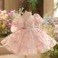 Chic / Beautiful Blushing Pink Beading Pearl Sequins Birthday Flower Girl Dresses 2025 Ball Gown High Neck Puffy Short Sleeve Bow Short