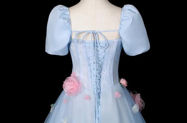 Elegant Sky Blue Appliques Prom Dresses 2025 Ball Gown Square Neckline Puffy Short Sleeve Backless Floor-Length / Long Formal Dresses