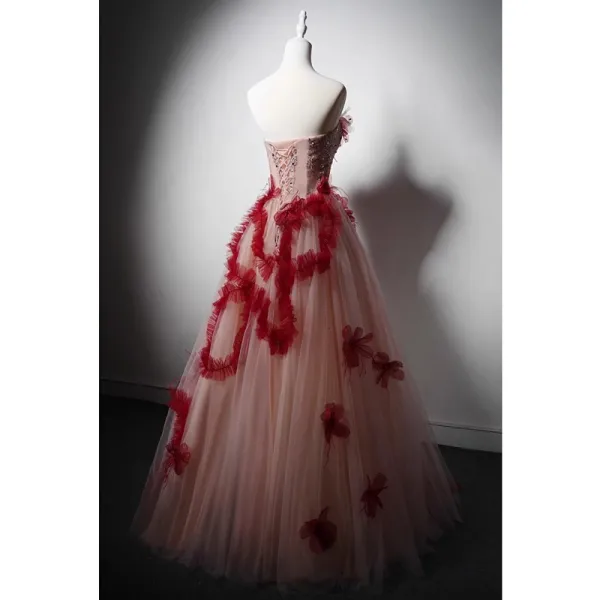 High-end Burgundy Beading Appliques Prom Dresses 2024 A-Line / Princess Strapless Sleeveless Backless Floor-Length / Long Prom Formal Dresses
