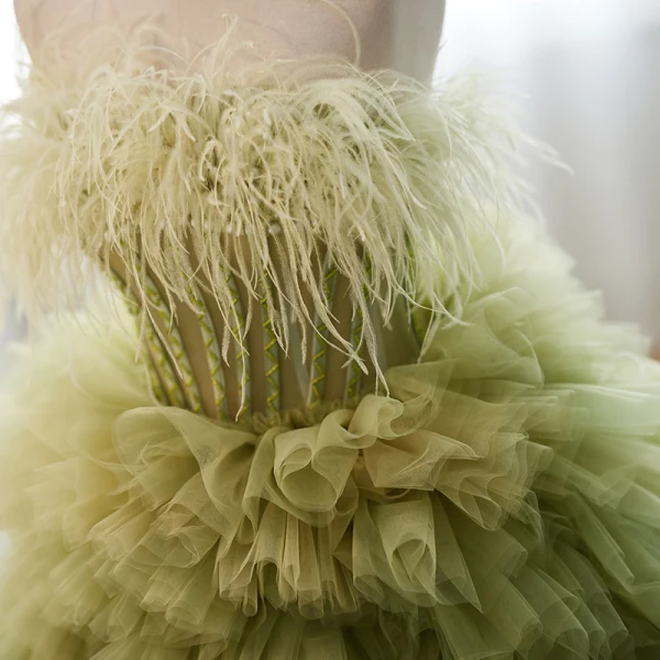 Mode Salbeigrün Plissee Ballkleider 2023 Ballkleid Feder Bandeau Ärmellos Rückenfreies Hof-Schleppe Ball Festliche Kleider
