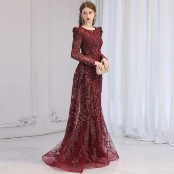 Haut De Gamme Bordeaux Perlage Faux Diamant Robe De Soirée 2023 Trompette Sirène Encolure Dégagée Manches Longues Longue Soirée Robe De Ceremonie