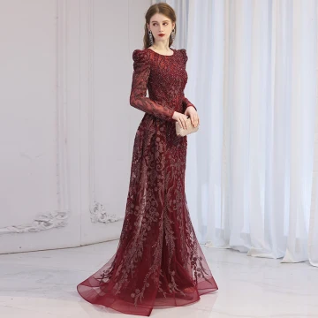 High End Burgundy Beading Rhinestone Evening Dresses 2023 Trumpet Mermaid Scoop Neck Long Sleeve Floor Length Long Evening Party Formal Dresses