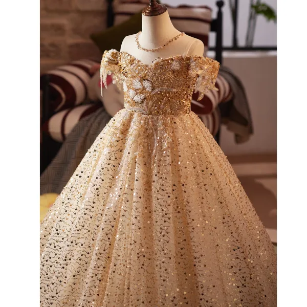 Sparkly Gold Beading Sequins Birthday Flower Girl Dresses 2025 Ball Gown Scoop Neck Short Sleeve Backless Floor-Length / Long Tulle
