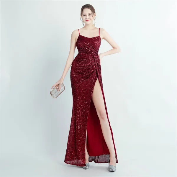 Sexy Bling Bling Bleu Ciel Paillettes Fendue devant Robe De Soirée 2024 Trompette / Sirène Bretelles Spaghetti Sans Manches Dos Nu Longue Soirée Robe De Ceremonie