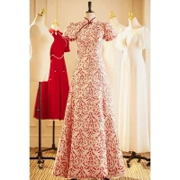 Vintage Estilo Chino Rojo Impresión Cheongsam 2022 A-Line / Princess Cuello Alto Manga Corta Sin Espalda Perla Bowknot Largos Noche Cheongsam