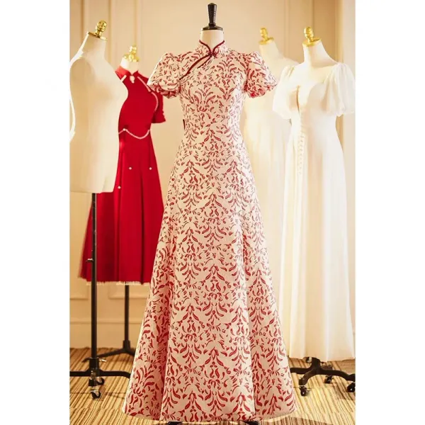 Vintage / Retro Chinese style Red Printing Cheongsam 2022 A-Line / Princess High Neck Short Sleeve Backless Pearl Bow Floor-Length / Long Evening Party Cheongsam / Qipao