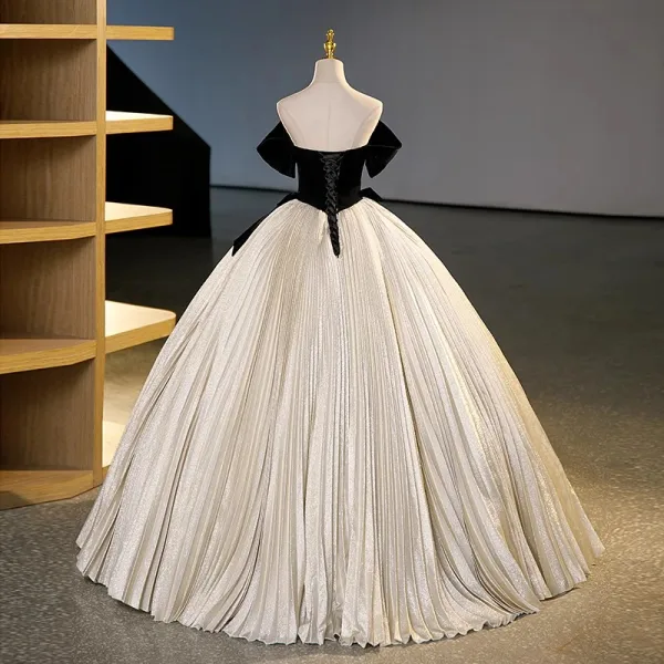 Elegant Sexy Black Velvet Pleated Prom Dresses 2023 Ball Gown Strapless Sleeveless Bow Backless Floor-Length / Long Prom Formal Dresses