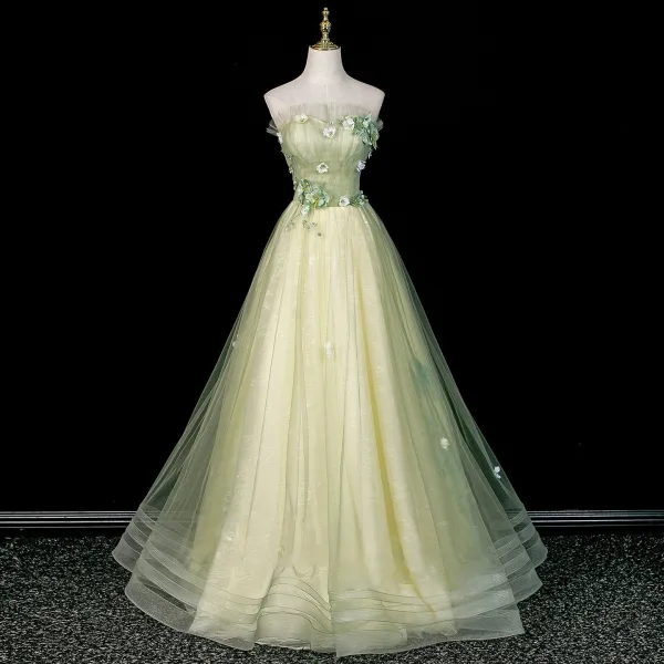 Blumenfee Salbeigrün Perle Applikationen Ballkleider 2026 Ballkleid Bandeau Ärmellos Rückenfreies Lange Festliche Kleider