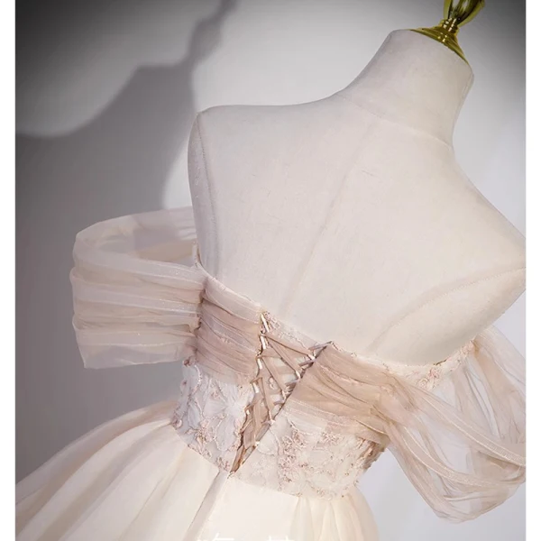 Charming Champagne Beading Appliques Prom Dresses 2023 A-Line / Princess Off-The-Shoulder Short Sleeve Backless Floor-Length / Long Prom Formal Dresses