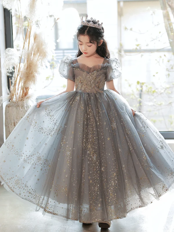 Chic / Belle Gris Étoile Paillettes Anniversaire Robe Ceremonie Fille 2022 Robe Boule Encolure Carrée Gonflée Manches Courtes Perlage Dos Nu Longue Robe Ceremonie Fille