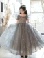 Chic / Belle Gris Étoile Paillettes Anniversaire Robe Ceremonie Fille 2022 Robe Boule Encolure Carrée Gonflée Manches Courtes Perlage Dos Nu Longue Robe Ceremonie Fille