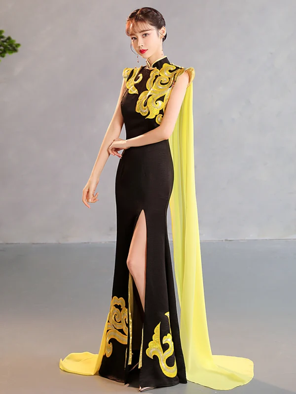 black and gold oriental dress Full Length Traditional Cheongsam Silk Chinese Dress with Floral Lace Edge main image 0