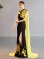 Chinese style Black Gold Lace Flower Evening Party Split Front Cheongsam 2025 Trumpet / Mermaid High Neck Sleeveless Floor-Length / Long Cheongsam / Qipao