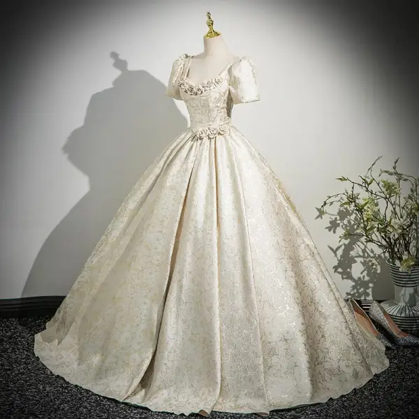 Elegant Champagne Appliques Printing Prom Dresses 2025 Ball Gown U-Neck Puffy Short Sleeve Backless Floor-Length / Long Prom Formal Dresses