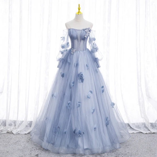 Chic / Beautiful Sky Blue Appliques Prom Dresses 2022 Ball Gown Strapless Long Sleeve Backless Floor-Length / Long Prom Formal Dresses