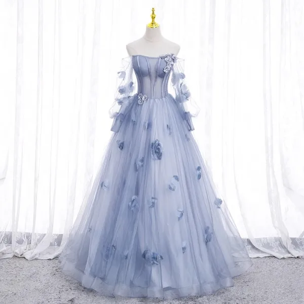 Elegant Sky Blue Appliques Prom Dresses 2023 Ball Gown Off-The-Shoulder 3/4 Sleeve Backless Floor-Length / Long Tulle Prom Formal Dresses