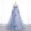 Elegant Sky Blue Appliques Prom Dresses 2023 Ball Gown Off-The-Shoulder 3/4 Sleeve Backless Floor-Length / Long Tulle Prom Formal Dresses