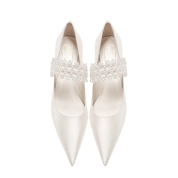 Elegant White Pearl Satin Leather Wedding Shoes 2023 7 cm Thick Heels Pointed Toe Wedding Pumps