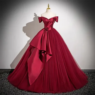 Élégant Bordeaux Tulle Robe De Bal 2025 Robe Boule De L Épaule Manches Courtes Longue Promo Robe De Ceremonie