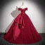 Elegant Burgundy Tulle Prom Dresses 2025 Ball Gown Off-The-Shoulder Short Sleeve Floor-Length / Long Prom Formal Dresses