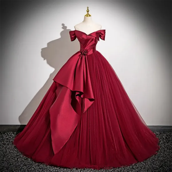 Elegant Burgundy Tulle Prom Dresses 2025 Ball Gown Off The Shoulder Elegant Burgundy Tulle Prom Dresses 2025 Ball Gown Off The Shoulder Short Sleeve Floor Length Long Prom Formal Dresses @600w