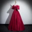 Modest / Simple Burgundy Satin Prom Dresses 2024 A-Line / Princess Off-The-Shoulder Short Sleeve Backless Floor-Length / Long Formal Dresses