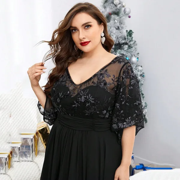 Chic / Beautiful Black Lace Flower Plus Size Evening Dresses 2025 A-Line / Princess V-Neck Short Sleeve Floor-Length / Long Tulle Evening Party Formal Dresses