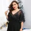 Chic / Beautiful Black Lace Flower Plus Size Evening Dresses 2025 A-Line / Princess V-Neck Short Sleeve Floor-Length / Long Tulle Evening Party Formal Dresses