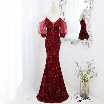 Sparkly Burgundy Sequins Evening Dresses 2022 Trumpet Mermaid Spaghetti Straps Short Sleeve Backless Floor Length Long Formal Dresses
