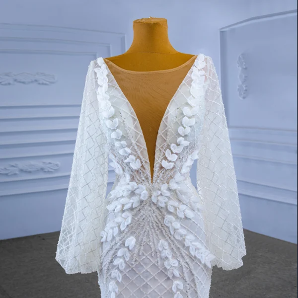 Charmant High End Weiß Perlenstickerei Strass Pailletten Applikationen Brautkleider / Hochzeitskleider 2022 Meerjungfrau Rundhalsausschnitt Lange Ärmel Rückenfreies Lange Hochzeit