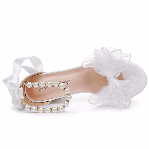 Charmant Weiß Perle Knöchelriemen Schleife Ball Sandalen Damen 2025 9 cm Thick Heels Peeptoes Sandaletten Hochhackige