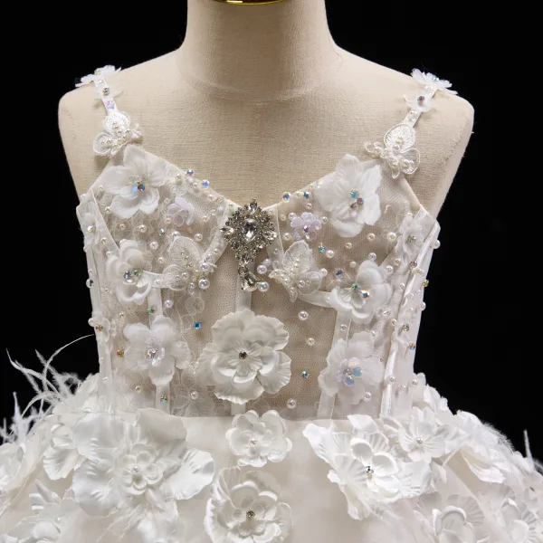 Fashion White Beading Lace Flower Appliques Pearl Short Birthday Flower Girl Dresses 2025 Ball Gown Spaghetti Straps Sleeveless Backless