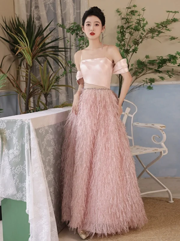 Charming Blushing Pink Tassel Prom Dresses 2024 A-Line / Princess Off-The-Shoulder Sleeveless Backless Floor-Length / Long Prom Formal Dresses