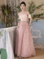 Charming Blushing Pink Tassel Prom Dresses 2024 A-Line / Princess Off-The-Shoulder Sleeveless Backless Floor-Length / Long Prom Formal Dresses