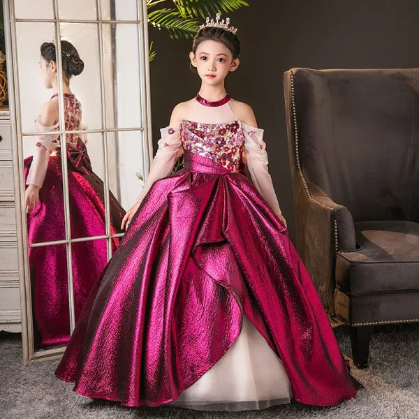 Chic / Beautiful Fuchsia Sequins Bow Birthday Flower Girl Dresses 2025 Ball Gown High Neck Sweep Train Long Sleeve