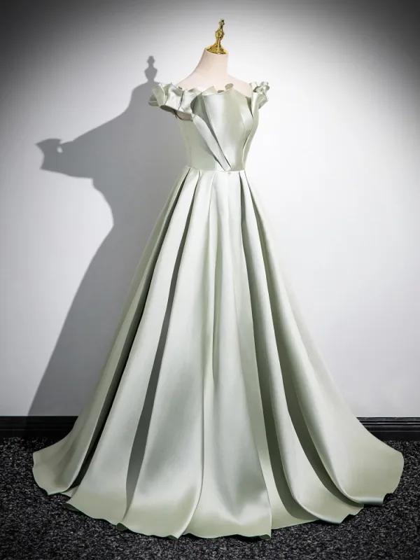 Modest / Simple Sage Green A-Line / Princess Prom Dresses 2024 Off-The-Shoulder Sleeveless Backless Sweep Train Prom Formal Dresses