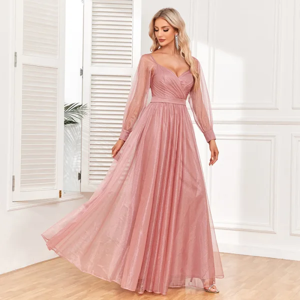 Elegant Blushing Pink Prom Dresses 2024 A-Line / Princess V-Neck Long Sleeve Backless Floor-Length / Long Prom Formal Dresses