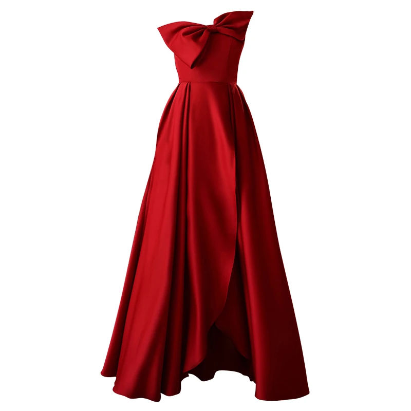 strapless open back dress I.H.F Red Round Neckline Draped Velvet Gown with Black Lace