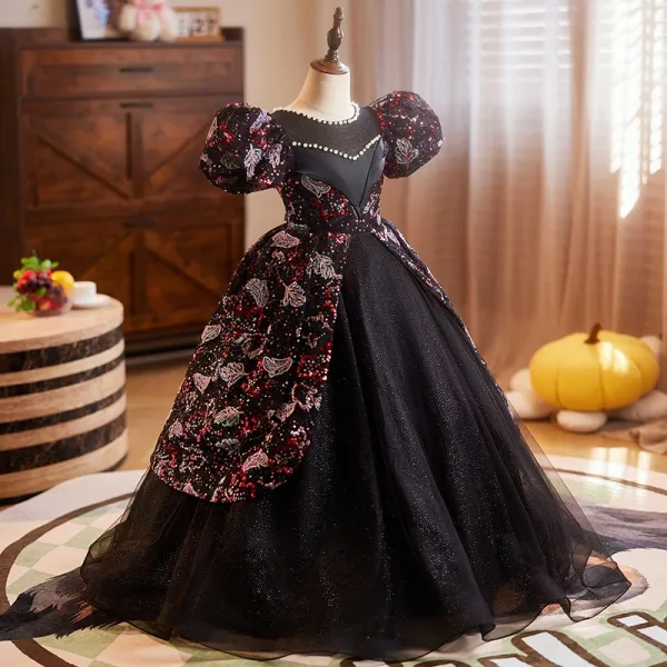 Vintage / Retro Black Pearl Sequins Birthday Flower Girl Dresses 2025 Ball Gown Scoop Neck Puffy Short Sleeve Backless Floor-Length / Long Tulle