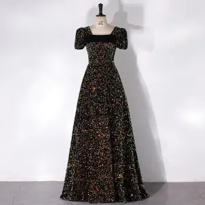 Sparkly Black Sequins Prom Dresses 2024 A Line Princess Square Neckline Puffy Short Sleeve Backless Floor Length Long Prom Formal Dresses