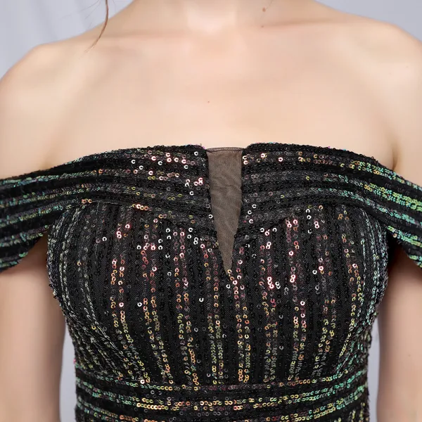 Charming Black Gold Sequins Evening Dresses 2022 Trumpet / Mermaid Off-The-Shoulder Short Sleeve Backless Floor-Length / Long Evening Party Formal Dresses