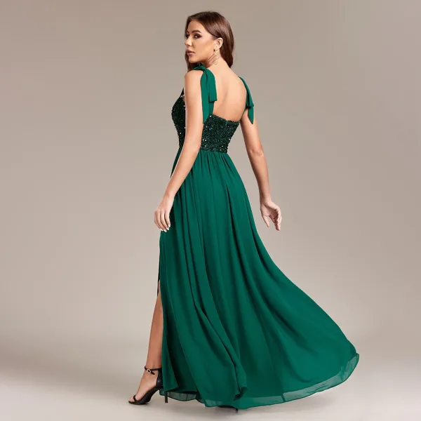 Simple Vert Foncé Perlage Paillettes Fendue devant Robe De Bal 2024 Princesse Bretelles Spaghetti Sans Manches Dos Nu Longue Promo Robe De Ceremonie
