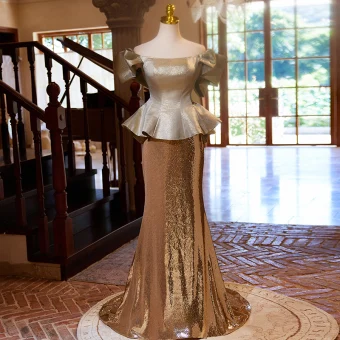 Sparkly Gold Sequins Prom Dresses 2024 Trumpet Mermaid Off The Shoulder Short Sleeve Backless Sweep Train Prom Formal Dresses