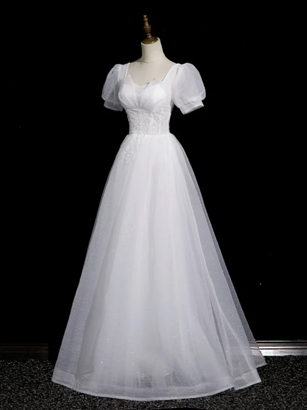 Chic / Beautiful White Beading Sequins Prom Dresses A-Line / Princess 2023 Square Neckline Short Sleeve Backless Floor-Length / Long Prom Dresses Formal Dresses