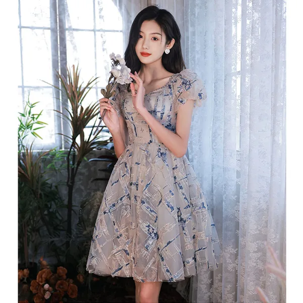 Charming Grey Beading Sequins Party Dresses 2022 A-Line / Princess V-Neck Short Sleeve Backless Knee-Length Formal Dresses