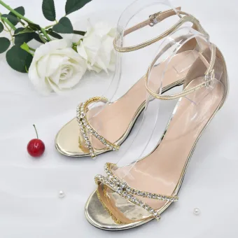 Sexy Doré Faux Diamant Soirée Sandales Femme 2022 Cuir Bride Cheville 8 Cm Talons Aiguilles Peep Toes Bout Ouvert Sandales Talons Hauts