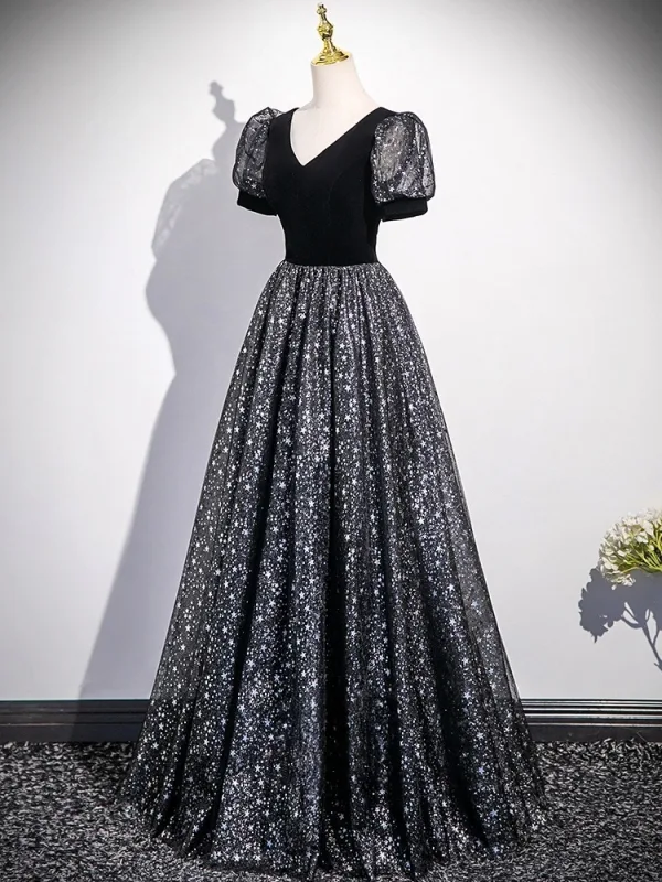 Bling Bling Black Star Sequins Prom Dresses 2025 A-Line / Princess V-Neck Short Sleeve Backless Floor-Length / Long Formal Dresses